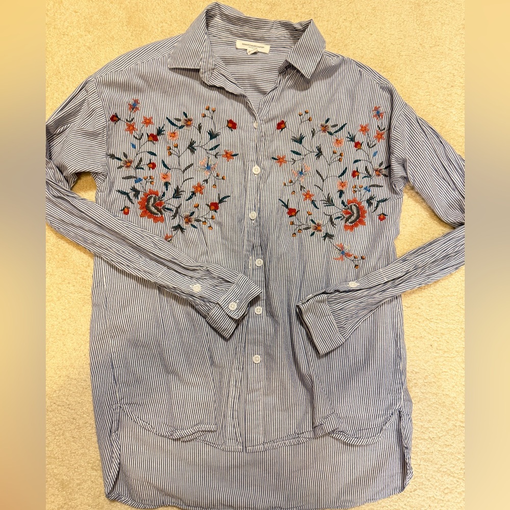 Beachlunchlounge Women Blue and White Striped Embroiled Shirt